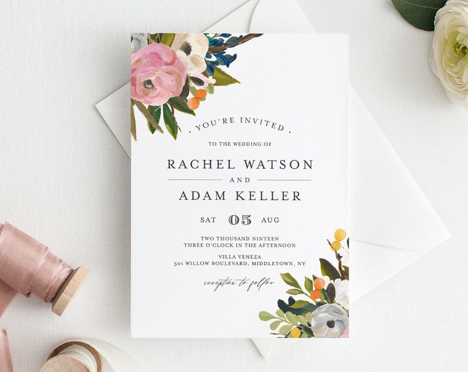 Floral Wedding Invitation Template, Instant Download, Printable Wedding Invite Set / Suite with RSVP & Details, 100% Editable Text #054A