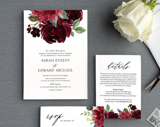 Boho Wedding Invitation Suite, Editable Template, Burgundy and Blush Floral & Greenery, Invite, RSVP and Detail, INSTANT DOWNLOAD #062C