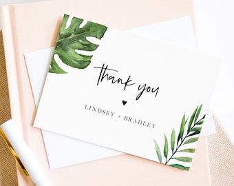 Tropical Thank You Note Card Template, Printable Wedding / Bridal Shower Folded Card, Palm Leaves, INSTANT DOWNLOAD, Editable #083-133TYC