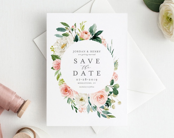 Self-Editing Save the Date Template, Printable Floral Wedding Date Card, Instant Download, 100% Editable, Templett, Greenery, DIY #043-121SD