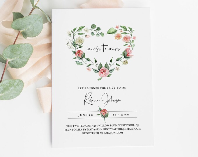 Valentine Bridal Shower Invitation Template, INSTANT DOWNLOAD, Printable Heart Wreath Wedding Shower Invite, 100% Editable Text 058-157BS
