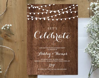 Engagement Party Invitation Template, Printable Engagement Announcement, String Lights, 100% Editable, Instant Download, Templett #014-102EP