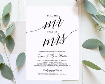 Vow Renewal Invitation Template, INSTANT DOWNLOAD, Wedding Anniversary, Renew Vows, Mr and Mrs, 100% Editable Template, Digital #034-108VR