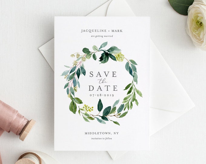 Save the Date Template, Winter Greenery Wreath, INSTANT DOWNLOAD, Printable Boho Wedding Date Card, Editable, Add Your Photo, DIY #044-123SD