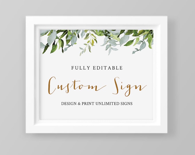 Greenery Wedding Sign, Customizable, Printable, Self-Editing Template, Create Unlimited Signs, Instant Download, Gold, 5x7 & 8x10 #016-109CS