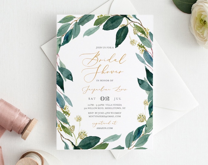 Winter Greenery Bridal Shower Invitation Template, Instant Download, Foliage Wedding Shower, Couples Shower, Editable Text, DIY  #044-135BS