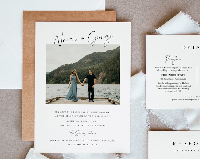 Photo Minimalist Wedding Invitation Suite, 100% Editable Template, Simple & Modern, RSVP, Details Card, Instant Download, Templett #096B