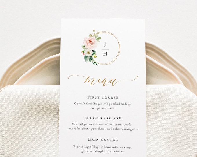 Wedding Menu Template, INSTANT DOWNLOAD, Printable Dinner Menu Card, Editable, Blush Florals, Boho Monogram Wedding, Templett #043-152WM