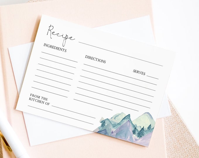 Mountain Recipe Card Printable, Instant Download, 100% Editable Template, Rustic Pine Bridal Shower Recipe Insert, DIY, Templett #063-115RC