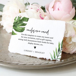 Tropische Einschließungs-Kartenvorlage, Erstellen Sie eine beliebige Einlegekarte für Hochzeit, Braut oder Babyparty, Buchanfrage, Details, bearbeitbarer Text #083-138EC