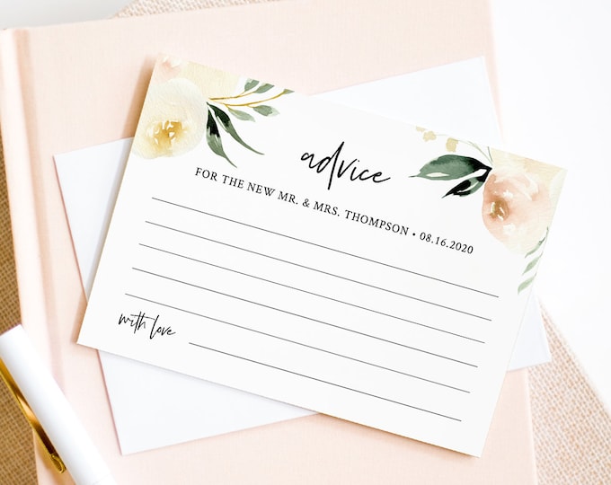 Advice Card Template, Wedding Bridal Shower, Baby Shower, 100% Editable Text, Instant Download, Peach Floral & Greenery, Templett #076-136EC