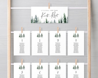 Seating Chart Template, Rustic Pine Tree Wedding Seating Cards, Winter Evergreen, Editable Text, Instant Download, Templett, DIY #073-113SP