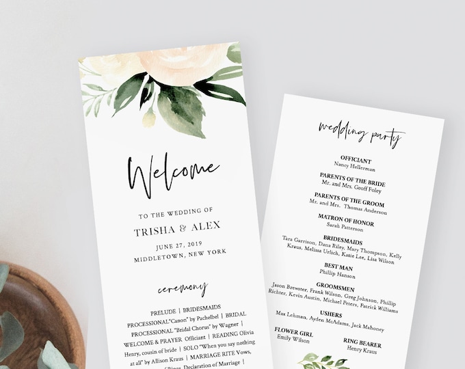 Boho Wedding Program Template, Printable Order of Service, 100% Editable Text, Peach Floral, DIY Instant Download, Templett #076-223WP