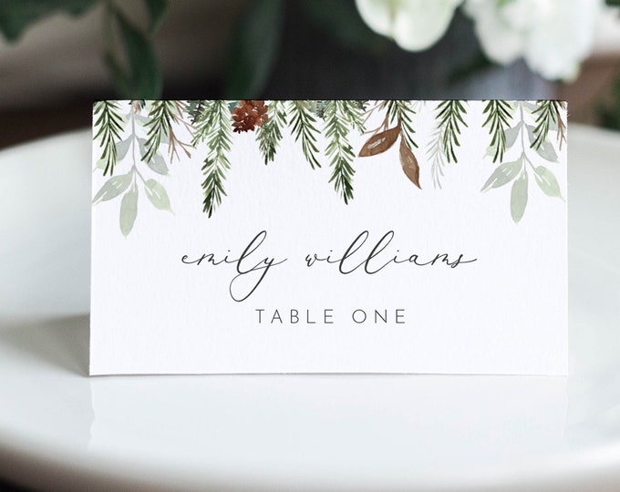 Pine Place Card Template, Printable Rustic Winter Wedding Escort Card, Name Card, Evergreen, 100% Editable Text, Instant Download 0017-177PC
