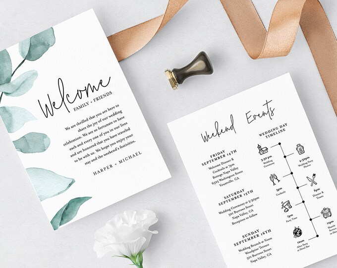 Welcome Bag Note & Timeline Template, Wedding Itinerary, Agenda, Order of Events, INSTANT DOWNLOAD, 100% Editable, Greenery, DIY #049-115WB