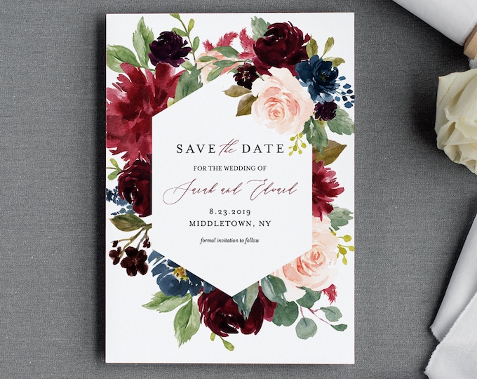 Printable Save the Date Template, Merlot and Blush Florals, Instant Download, 100% Editable, Templett, Fall / Winter Boho Wedding #062-135SD