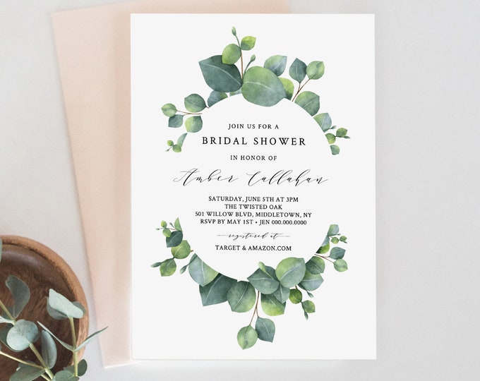 Eucalyptus Bridal Shower Invitation Template, Greenery Wedding Shower Invite, Printable, 100% Editable, INSTANT DOWNLOAD Templett #036-116BS