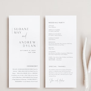 Modern Wedding Program Template, Minimal & Simple Order of Service, Editable, Printable, Instant Download, Templett, 4x9 #0026-165WP