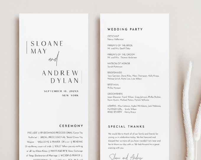 Modern Wedding Program Template, Minimal & Simple Order of Service, Editable, Printable, Instant Download, Templett, 4x9 #0026-165WP