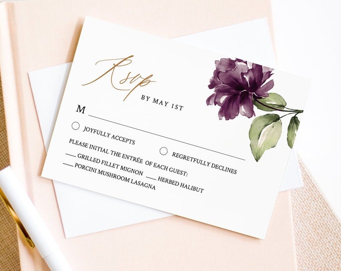 RSVP Card Template, Editable Response, Wedding Reply Card, Purple Floral Wedding Insert, Printable, Instant Download, Templett #006-rsvp