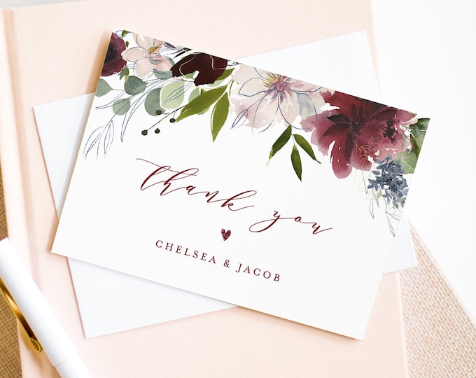 Thank You Note Card Template, Printable Burgundy Floral Greenery Wedding / Bridal Shower Folded Card, INSTANT DOWNLOAD, Editable #040-126TYC