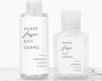 Minimalist Hand Sanitizer Label Printable, Share Love Not Germs, Covid Wedding Favor, Editable Template, Instant Download Templett 094-107HS