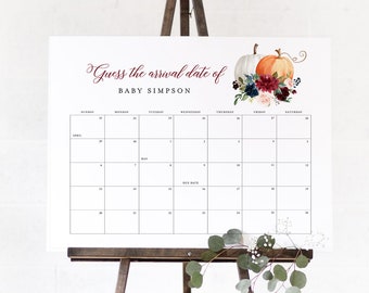 Fall Baby Due Date Sign, Guess the Birthday Baby Shower Game, Calendar, Printable, Editable Template, Instant Download, Templett 072A-107GDD