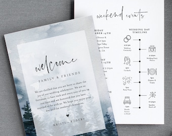 Winter Wedding Timeline & Welcome Letter Template, Pine Tree Wedding Bag Order of Events, INSTANT DOWNLOAD, 100% Editable Text #070-137WB