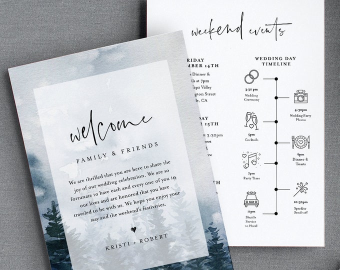 Winter Wedding Timeline & Welcome Letter Template, Pine Tree Wedding Bag Order of Events, INSTANT DOWNLOAD, 100% Editable Text #070-137WB