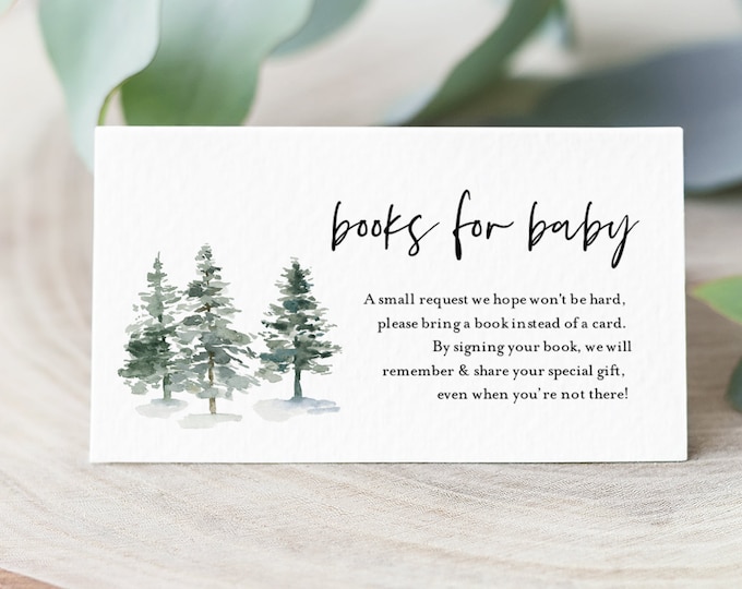 Books for Baby Card, Book Request, Winter Pine Baby Shower Invitation Book Insert, Editable Text, INSTANT DOWNLOAD, Templett #073A-121BFB