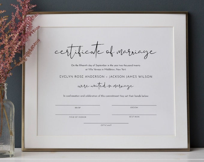 Certificate of Marriage, Minimalist Wedding Certificate, Wedding Keepsake, 100% Editable Text, Instant Download, 8x10, 16x20 #0031-109MC