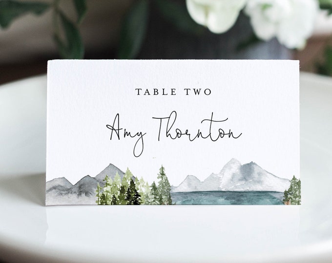 Lake Place Card Template, Printable Mountain Pine Wedding Buffet Card with Meal Option, INSTANT DOWNLOAD, Editable, Templett #017A-154PC