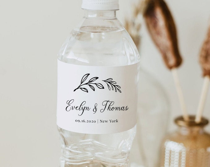 Water Bottle Label Template, Personalized Label, 100% Editable, Printable Rustic Wedding Water Bottle Favor, Instant Download DIY #027-102BL