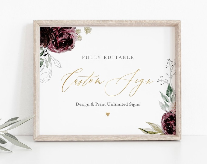 Custom Wedding Sign Template, Create Unlimited Signs, 100% Editable Text, Moody Ethereal Florals, INSTANT DOWNLOAD, Printable #074-124CS