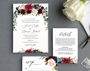 Merlot Wedding Invitation Suite, Editable Template, Burgundy, Blush Boho Floral & Greenery, Invite / RSVP / Details, INSTANT DOWNLOAD #062A