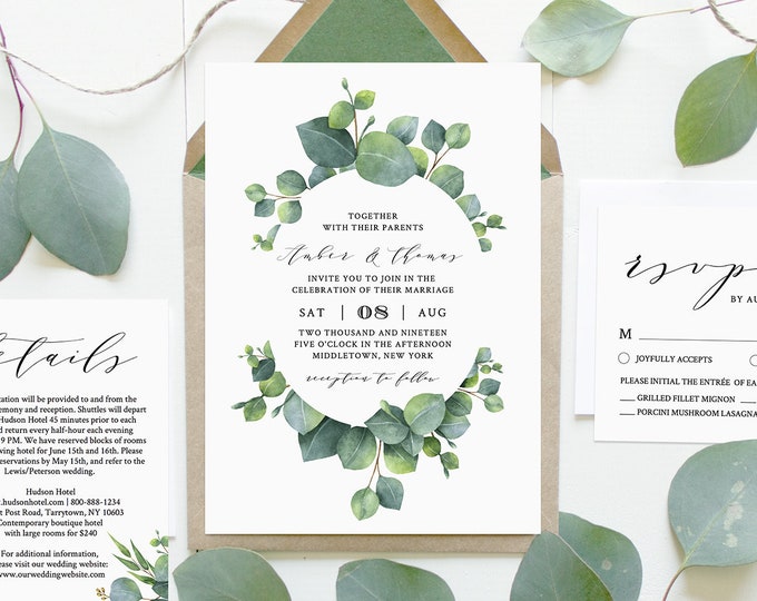 Wedding Invitation Set, INSTANT DOWNLOAD, Greenery, Eucalyptus, Boho Wedding, 100% Editable, Printable Invite, RSVP, Detail, Templett #036C