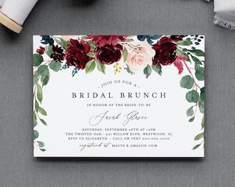 Bridal Brunch Invitation Template, Couples Shower Invite, Merlot & Blush Boho Florals, INSTANT DOWNLOAD, 100% Editable Text, DIY #062-162BS