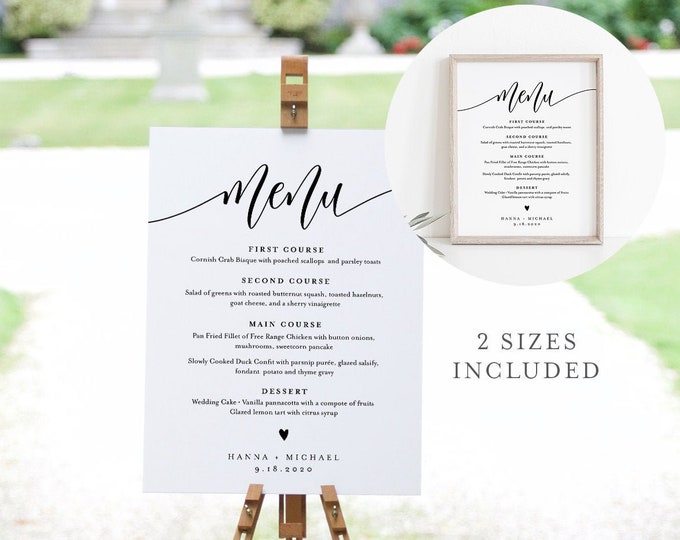 Menu Sign Template, Editable Wedding Dinner Menu Poster, Modern Calligraphy, Instant Download, Printable, Templett 8x10, 18x24 #008-20S