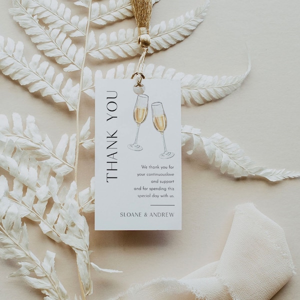 Champagne Favor Tag for Bridal Shower or Wedding, Modern, Minimal Thank You Tag, 100% Editable Text, Printable, Templett, 2x3.5 #0026D-210FT