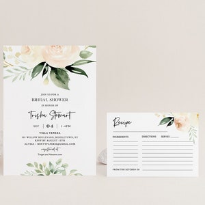 Bridal Shower Invite and Recipe card, Editable Templates, Watercolor Peach & Cream Florals and Greenery Wedding Shower, Templett #076-BSRC