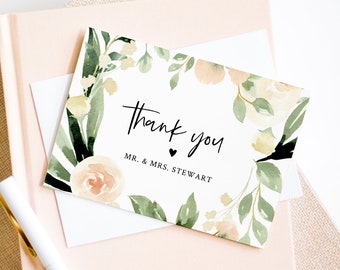 Thank You Card Template, Printable Peach Florals Wedding / Bridal Shower Folded Note Card, INSTANT DOWNLOAD, Editable Text, DIY #076-123TYC