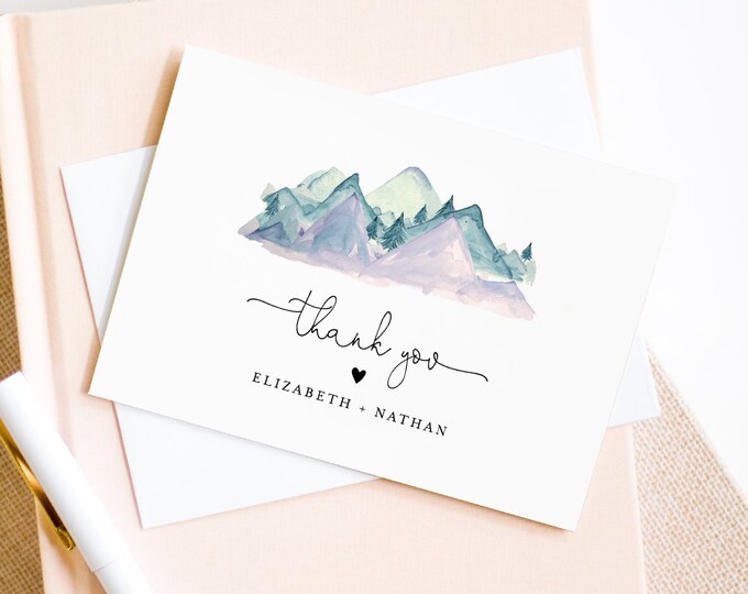 Mountain Thank You Card Template, Editable Wedding, Bridal Shower, Baby Shower Thank You Note Card, Printable, INSTANT DOWNLOAD #063-132TYC