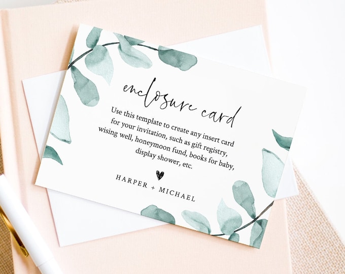 Eucalyptus Enclosure Card Template, Wedding, Bridal Shower, Baby Shower, Book Request, Display Shower, Wishing Well, Diaper Raffle 049-143EC