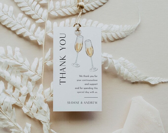 Champagne Favor Tag for Bridal Shower or Wedding, Modern, Minimal Thank You Tag, 100% Editable Text, Printable, Templett, 2x3.5 #0026J-210FT