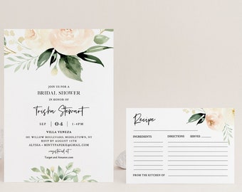 Bridal Shower Invite and Recipe card, Editable Templates, Watercolor Peach & Cream Florals and Greenery Wedding Shower, Templett #076-BSRC