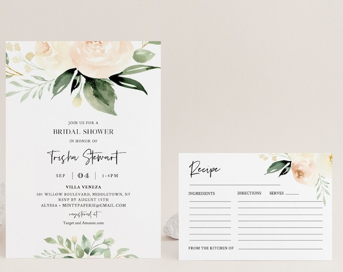 Bridal Shower Invite and Recipe card, Editable Templates, Watercolor Peach & Cream Florals and Greenery Wedding Shower, Templett #076-BSRC