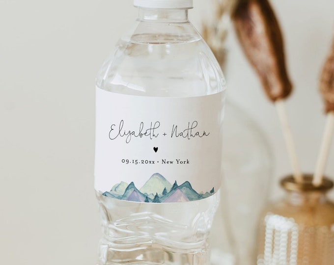 Mountain Water Bottle Label Template, Pine Wedding Water Wrapper, 100% Editable Text, Welcome Bag, Instant Download, Templett #063-123BL