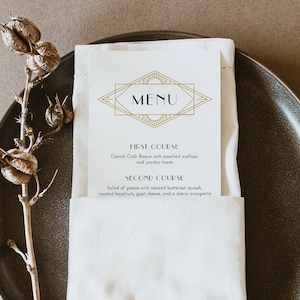 Art Deco Dinner Menu Template, Printable Minimal Retro Wedding Menu Card, 100% Editable, Gold & Black, Instant Download, Templett 0021-198WM