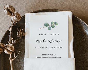 Eucalyptus Menu Template, Printable Wedding Dinner Menu, Greenery, Boho, 100% Editable Text, Instant Download, Templett, 3.5x8.5 #036-120WM