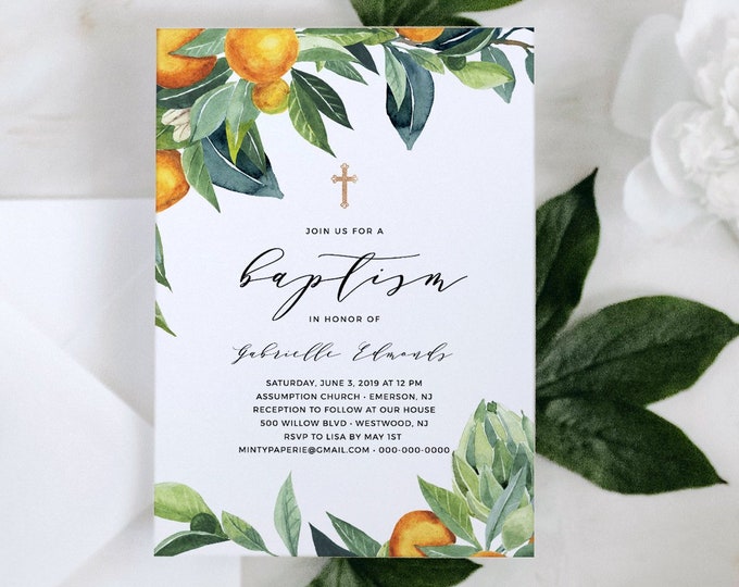 Citrus Baptism Invitation Template, INSTANT DOWNLOAD, Printable Summer Orange Christening Invite, 100% Editable Text, Templett #084-110BC